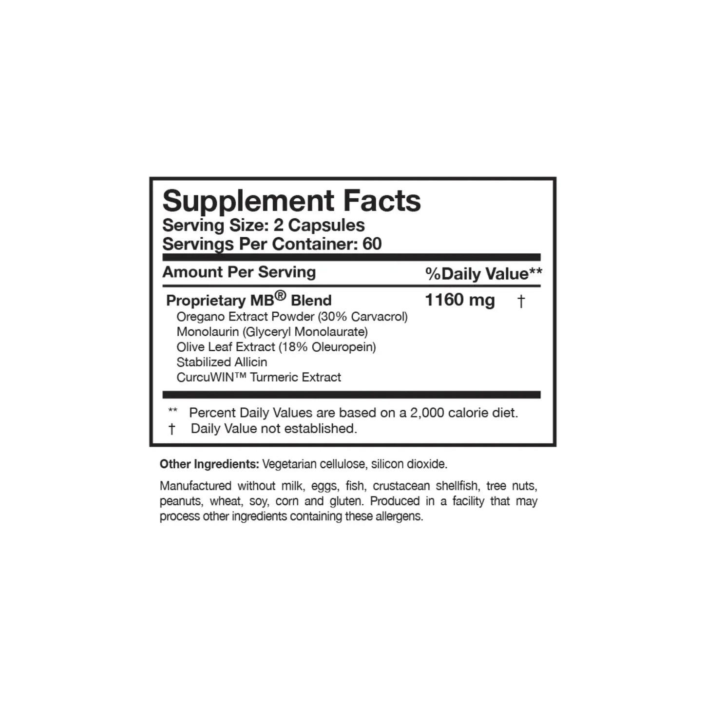 Close up of the Microbinate label detailing the proprietary blend of monolaurin olive leaf extract stabilized allicin and oregano extract