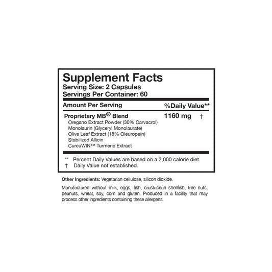 Close up of the Microbinate label detailing the proprietary blend of monolaurin olive leaf extract stabilized allicin and oregano extract