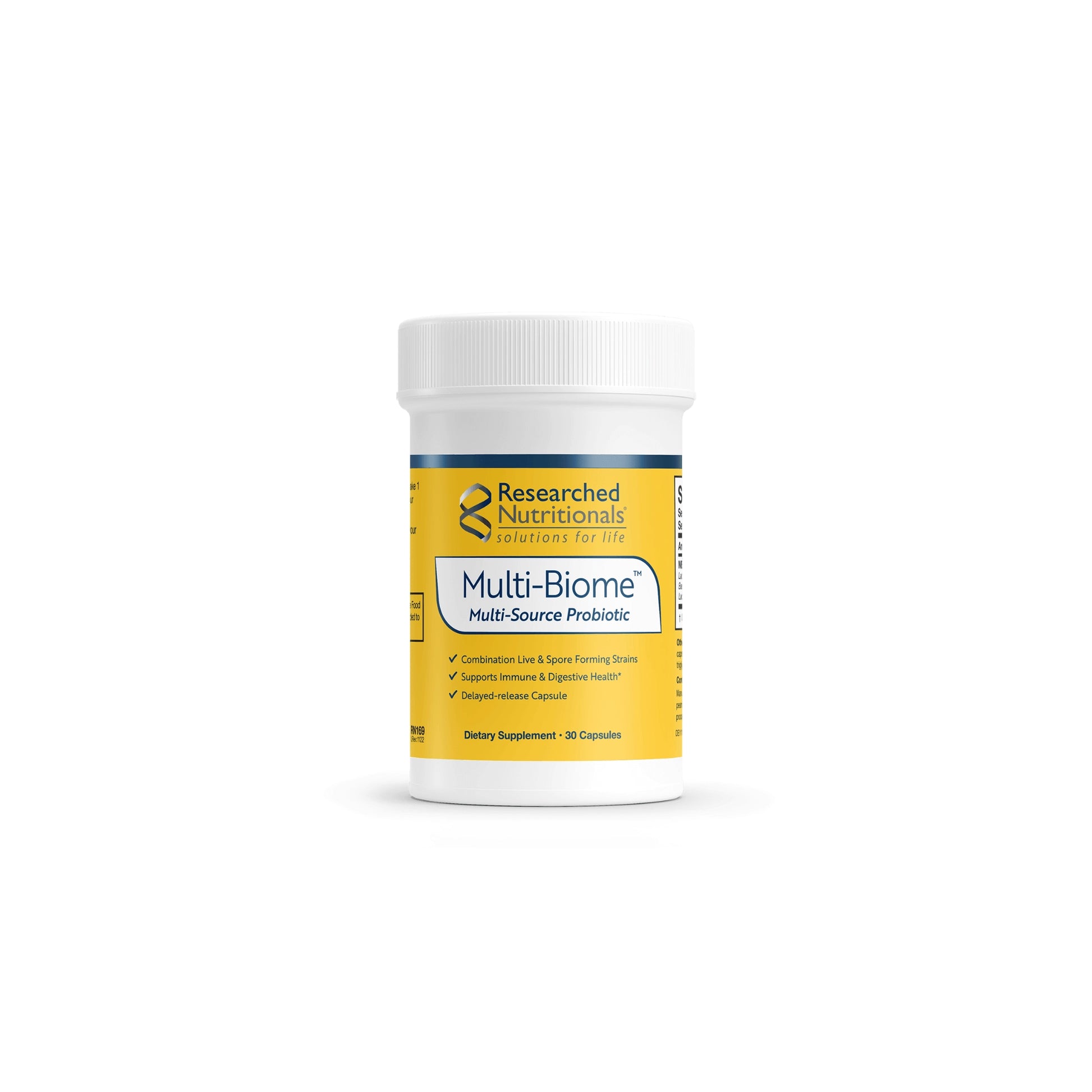 Front view of Researched Nutritionals Multi-Biome 30 capsules bottle highlighting the dual action spore and live strain probiotic formula