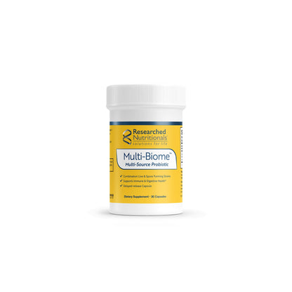 Front view of Researched Nutritionals Multi-Biome 30 capsules bottle highlighting the dual action spore and live strain probiotic formula