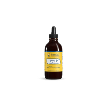 Front view of the Researched Nutritionals Myc P four fluid ounces liquid tincture bottle highlighting the advanced microbial and immune support formula