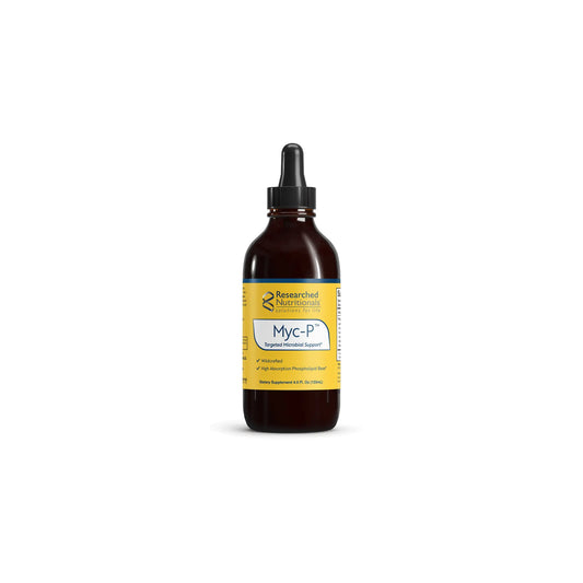 Front view of the Researched Nutritionals Myc P four fluid ounces liquid tincture bottle highlighting the advanced microbial and immune support formula
