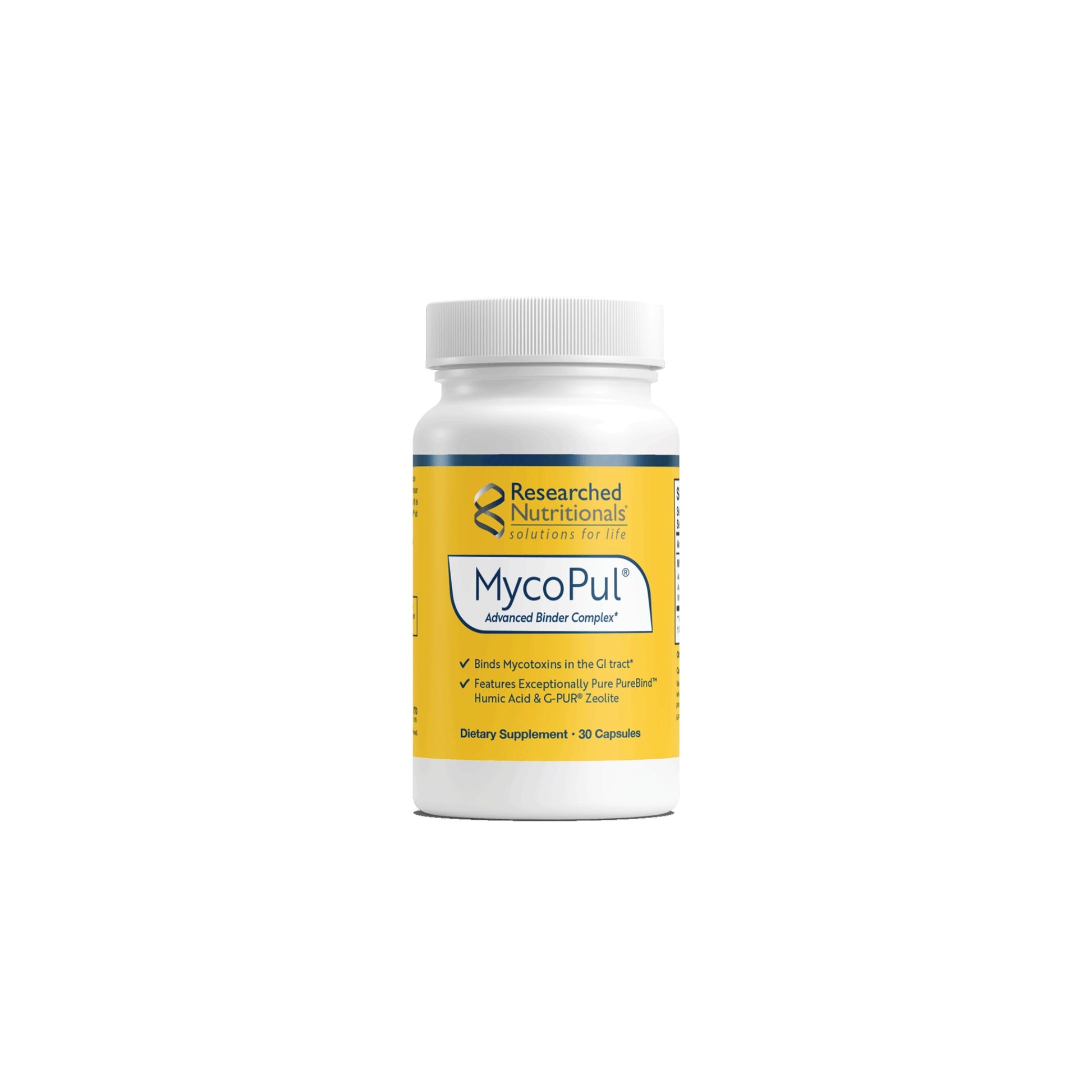 Front view of the Researched Nutritionals MycoPul 30 capsule bottle highlighting the targeted binder formula for mycotoxin and environmental toxin removal