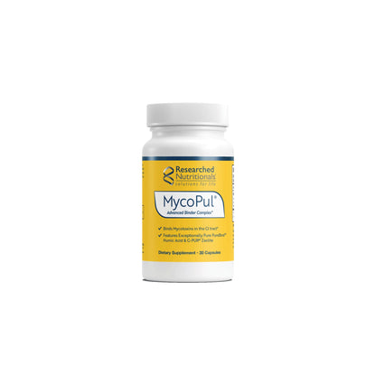 Front view of the Researched Nutritionals MycoPul 30 capsule bottle highlighting the targeted binder formula for mycotoxin and environmental toxin removal