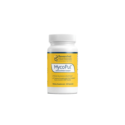 Front view of the Researched Nutritionals MycoPul 30 capsule bottle highlighting the targeted binder formula for mycotoxin and environmental toxin removal
