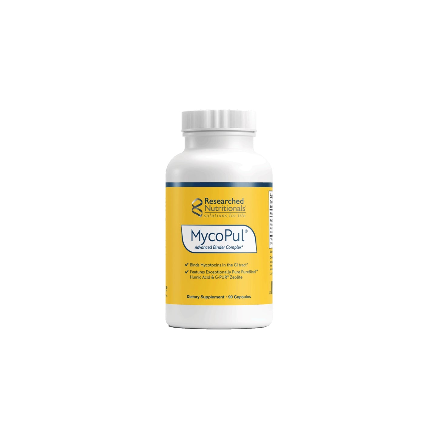 Front view of the Researched Nutritionals MycoPul 90 capsule bottle highlighting the targeted binder formula for mycotoxin and environmental toxin removal