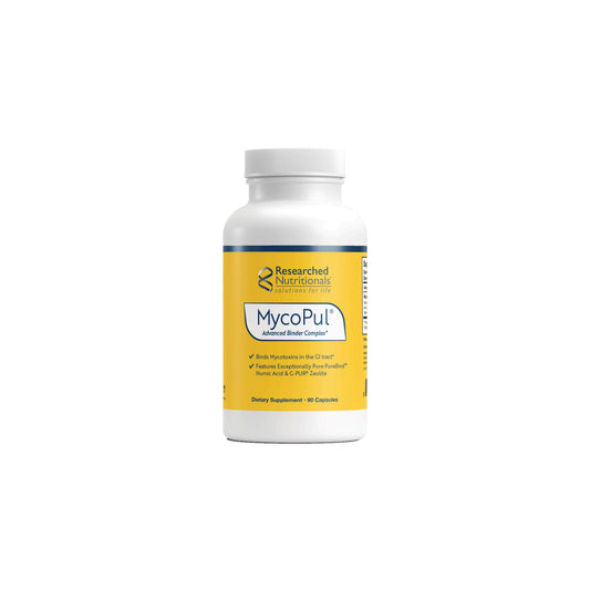 Front view of the Researched Nutritionals MycoPul 90 capsule bottle highlighting the targeted binder formula for mycotoxin and environmental toxin removal