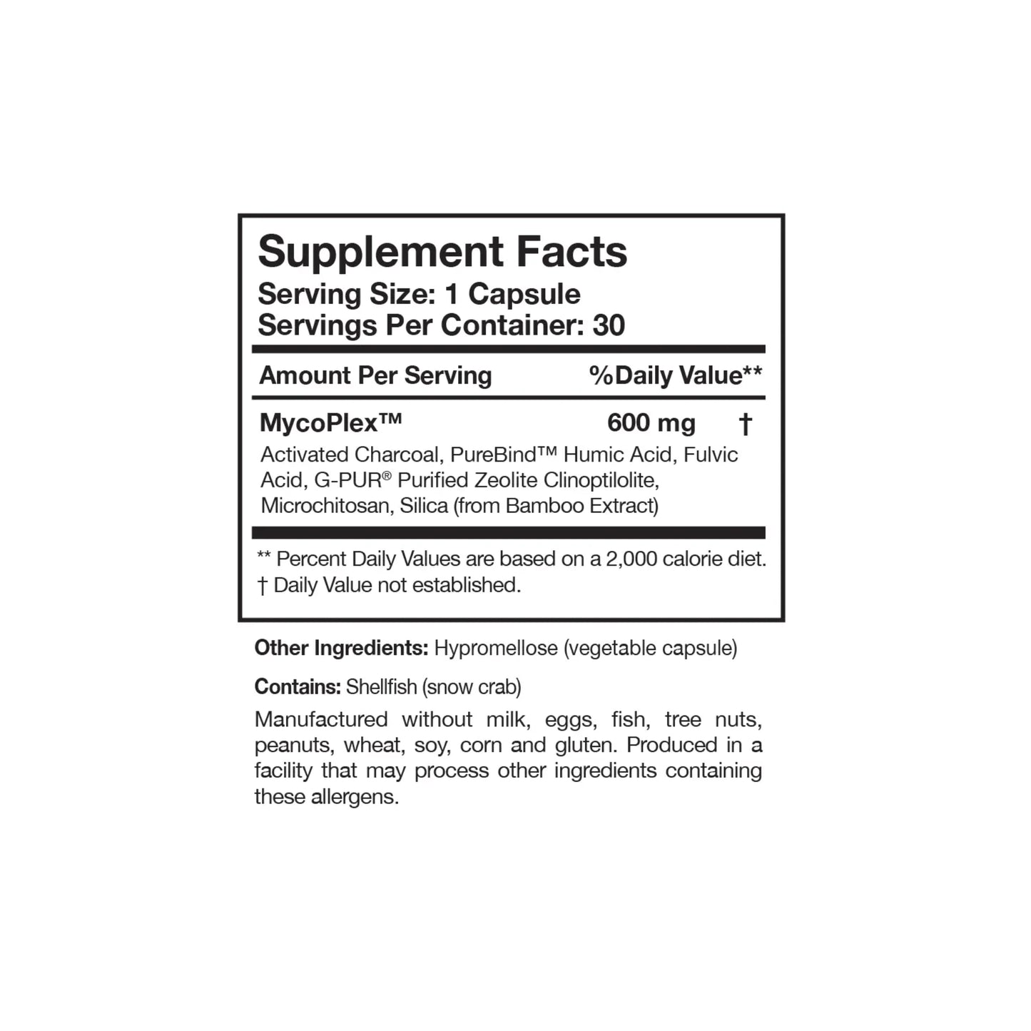 Close up of the MycoPul label detailing the MycoPlex blend ingredients including activated charcoal purified zeolite humic fulvic powder microchitosan and silica