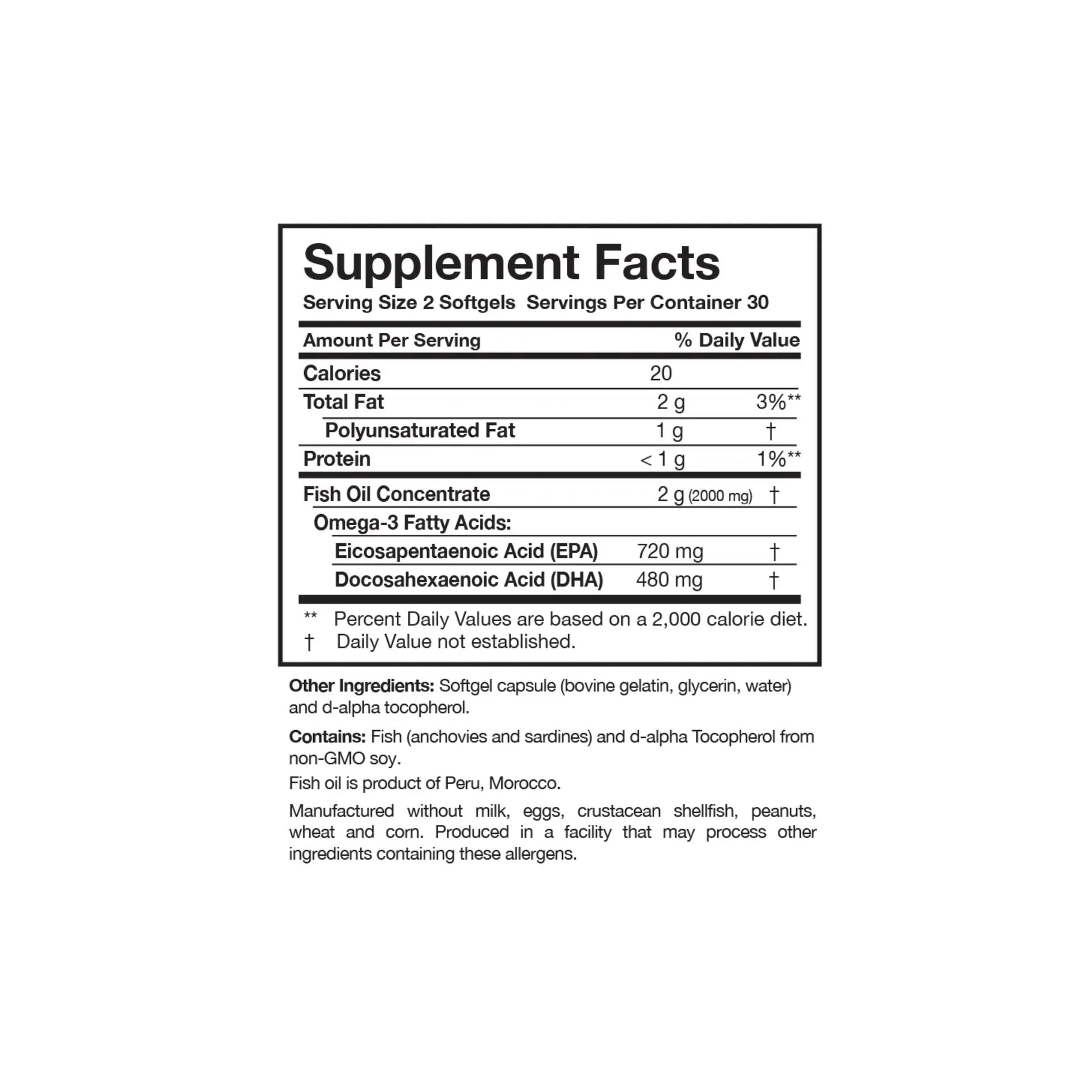 Close up of the Omega 3 Plus label detailing the exact milligrams of purified omega 3 fish oil concentrate per serving