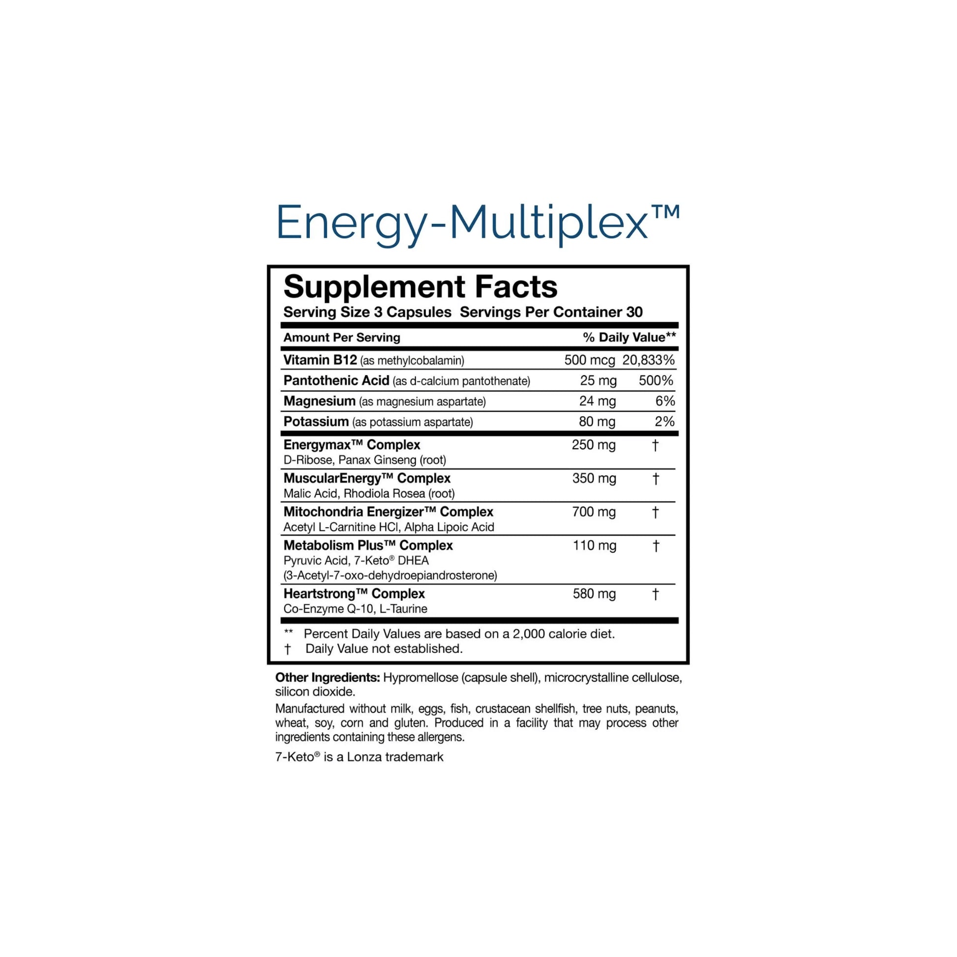 Close up of the Energy-Multiplex nutrition facts labels detailing the comprehensive mitochondrial phospholipid matrix and adrenal adaptogen blend