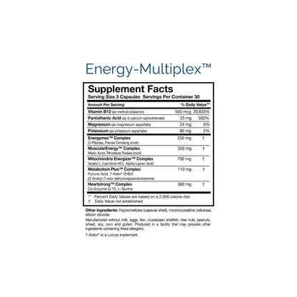 Close up of the Energy-Multiplex nutrition facts labels detailing the comprehensive mitochondrial phospholipid matrix and adrenal adaptogen blend
