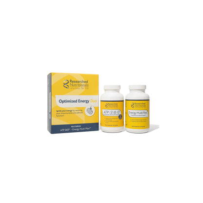 Front view of the Researched Nutritionals Optimized Energy Duo kit packaging featuring both the ATP 360 and Energy Multi Plex supplement bottles