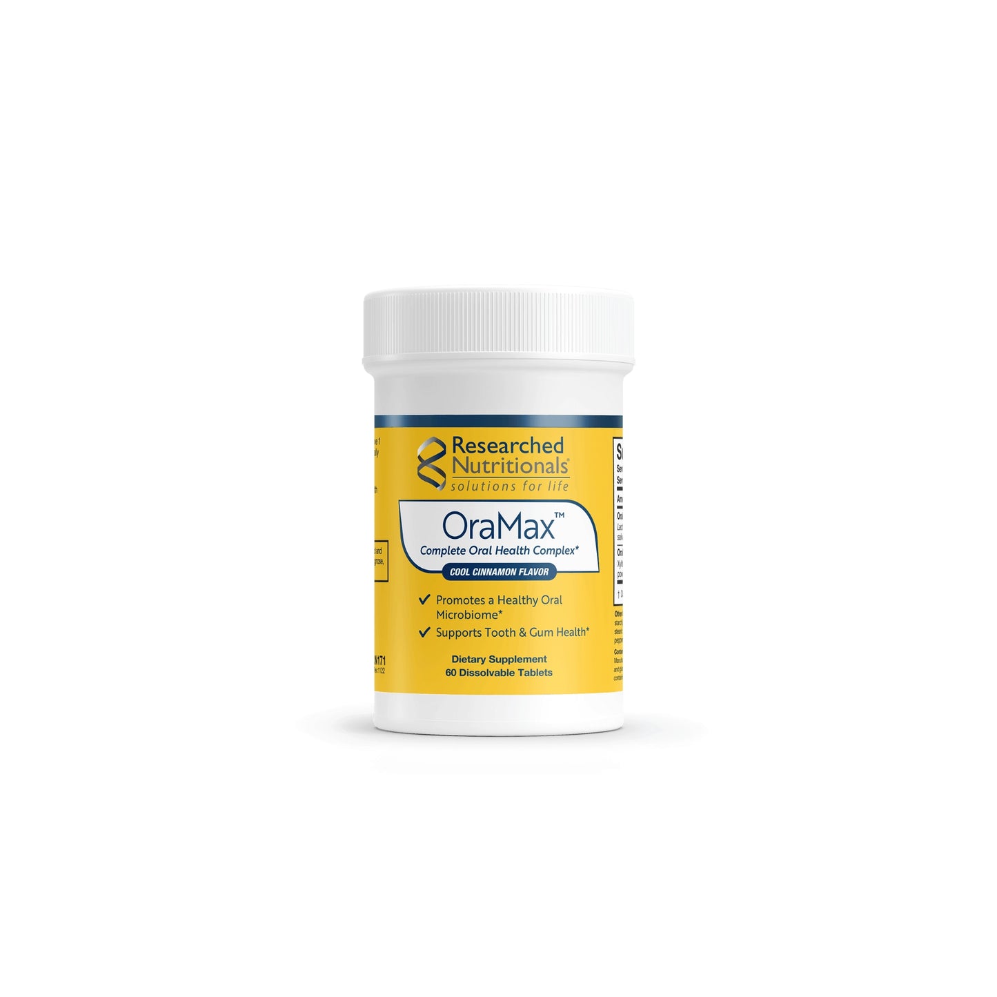 Front view of the Researched Nutritionals OraMax 60 dissolving tablets bottle highlighting the advanced oral probiotic and biofilm disruption formula
