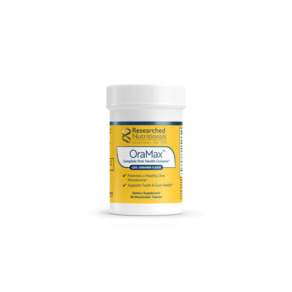 Front view of the Researched Nutritionals OraMax 60 dissolving tablets bottle highlighting the advanced oral probiotic and biofilm disruption formula