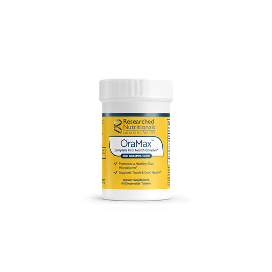 Front view of the Researched Nutritionals OraMax 60 dissolving tablets bottle highlighting the advanced oral probiotic and biofilm disruption formula