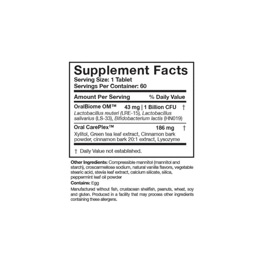 Close up of the OraMax supplement facts label detailing the OralBiome probiotic strains and Oral CarePlex botanical blend