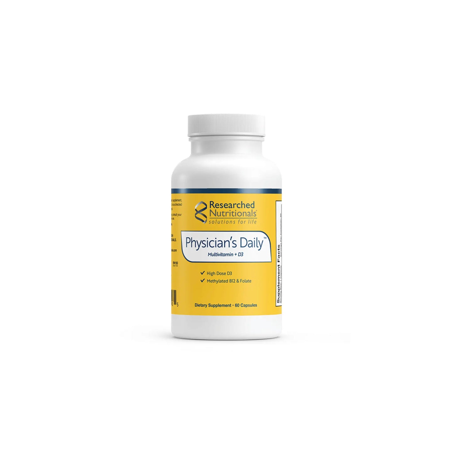 Front view of the Researched Nutritionals Physician's Daily Multivitamin plus D3 capsule bottle highlighting the iron free comprehensive daily nutrient formula