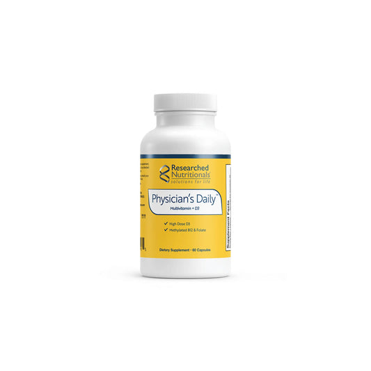 Front view of the Researched Nutritionals Physician's Daily Multivitamin plus D3 capsule bottle highlighting the iron free comprehensive daily nutrient formula