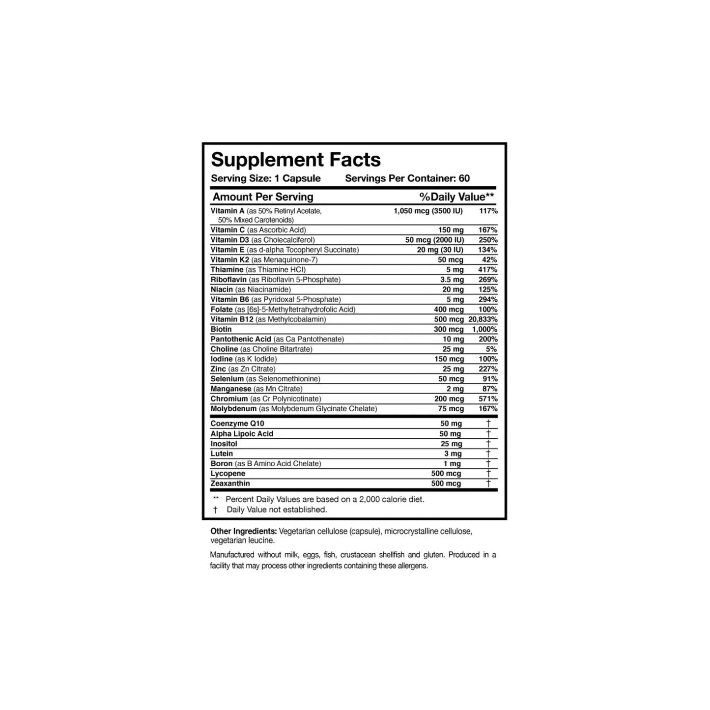 Close up of the Physician's Daily label detailing the methylated B vitamins high dose vitamin D3 coenzyme Q10 and alpha lipoic acid ingredients