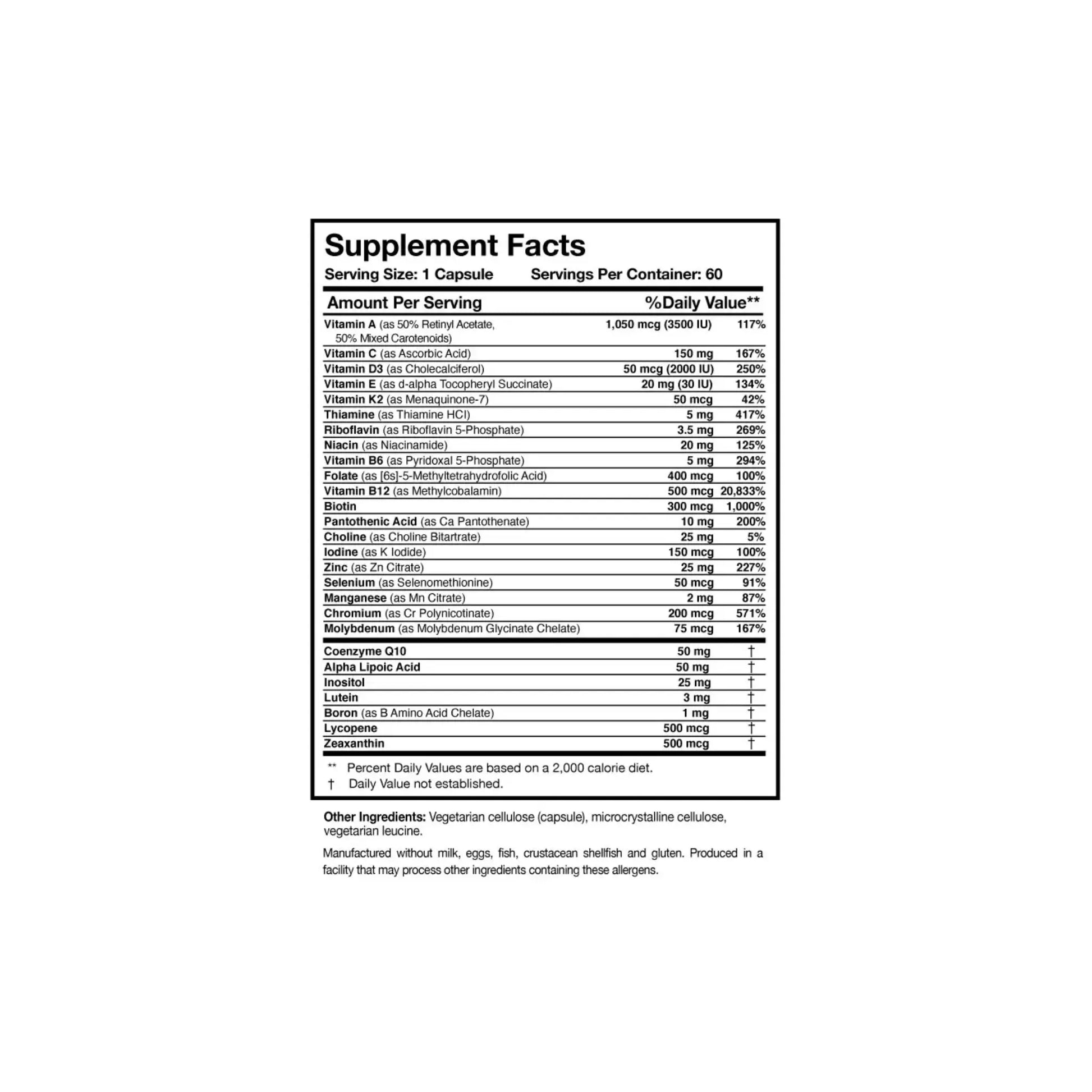 Close up of the Physician's Daily label detailing the methylated B vitamins high dose vitamin D3 coenzyme Q10 and alpha lipoic acid ingredients