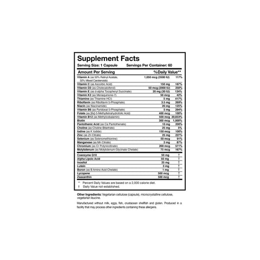 Close up of the Physician's Daily label detailing the methylated B vitamins high dose vitamin D3 coenzyme Q10 and alpha lipoic acid ingredients