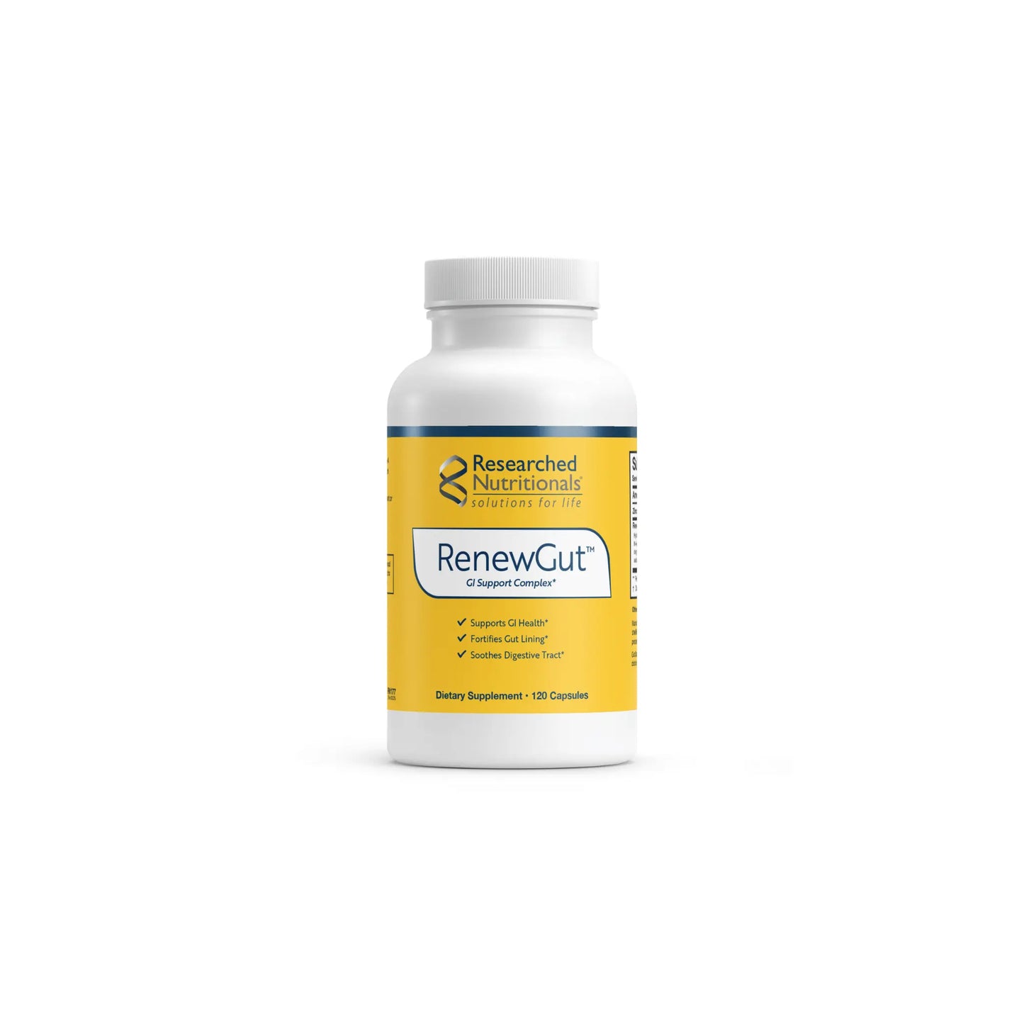 Front view of Researched Nutritionals RenewGut 120 capsules bottle highlighting the specialized GI barrier and mast cell support formula