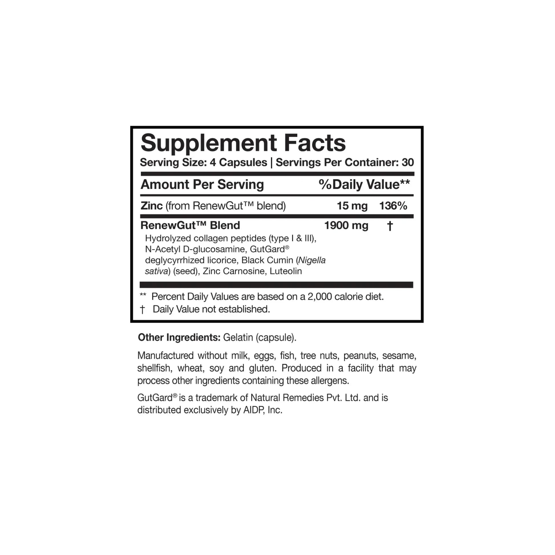 Close up of the RenewGut supplement facts label detailing the Tight Junction Enhancer and Mast Cell Manager nutrient blends