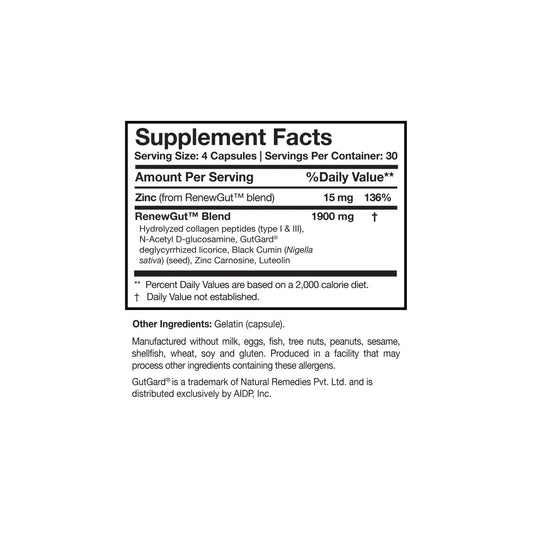 Close up of the RenewGut supplement facts label detailing the Tight Junction Enhancer and Mast Cell Manager nutrient blends