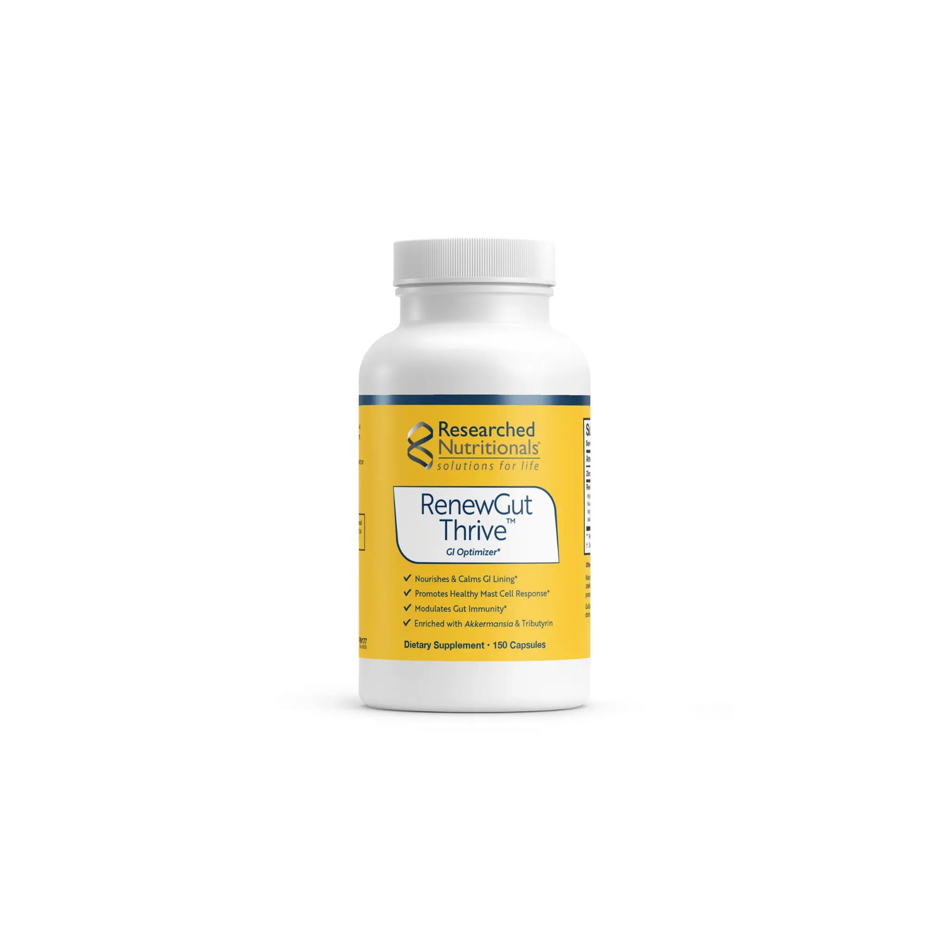 Front view of Researched Nutritionals RenewGut Thrive 150 capsules bottle highlighting the 3-in-1 gut barrier and immune support formula