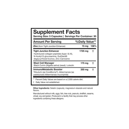 Close up of the RenewGut Thrive supplement facts label detailing the Tight Junction Enhancer Mast Cell Manager and ImmunoMetabolic Booster blends
