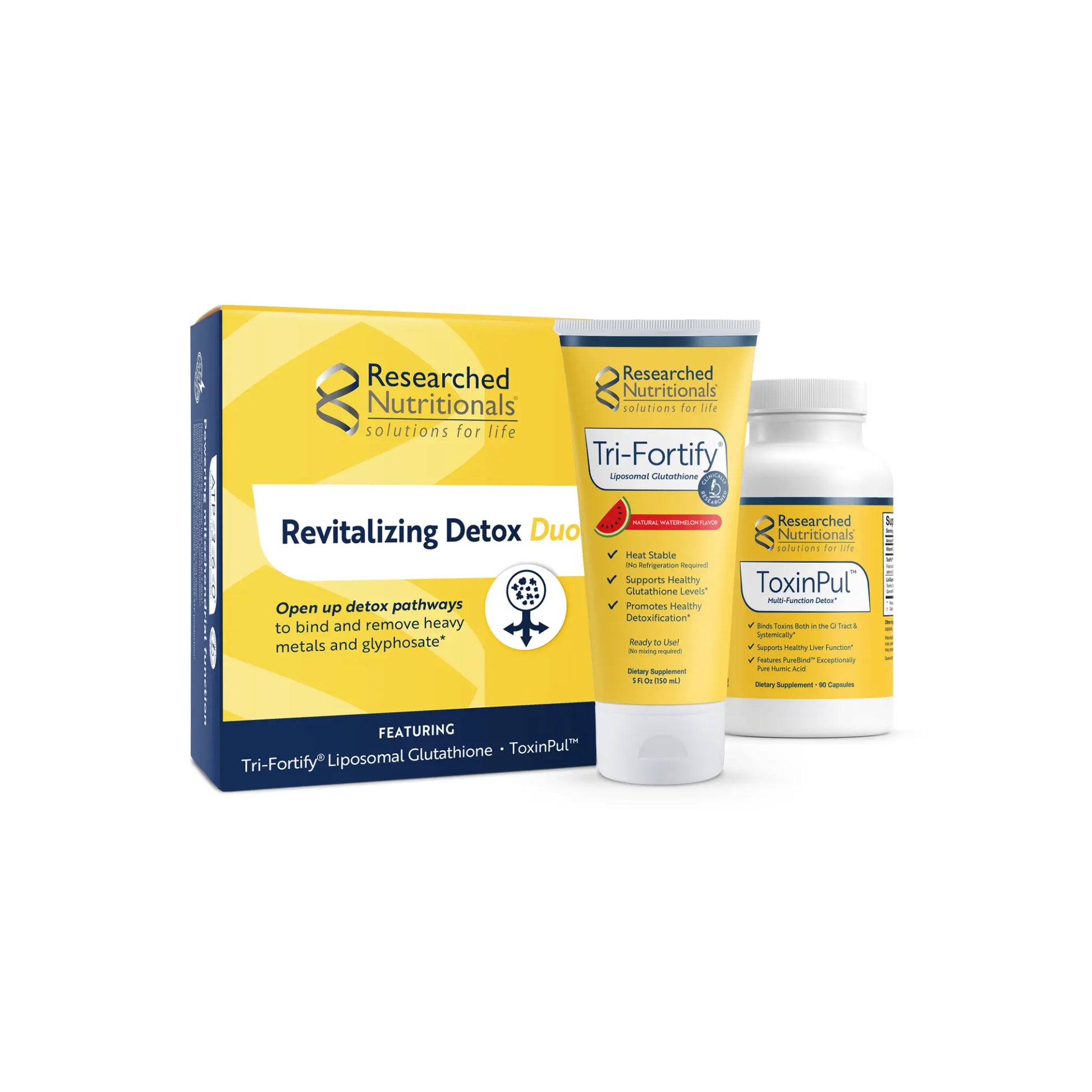 Front view of the Researched Nutritionals Revitalizing Detox Duo packaging featuring the Tri Fortify liposomal glutathione tube and ToxinPul capsule bottle
