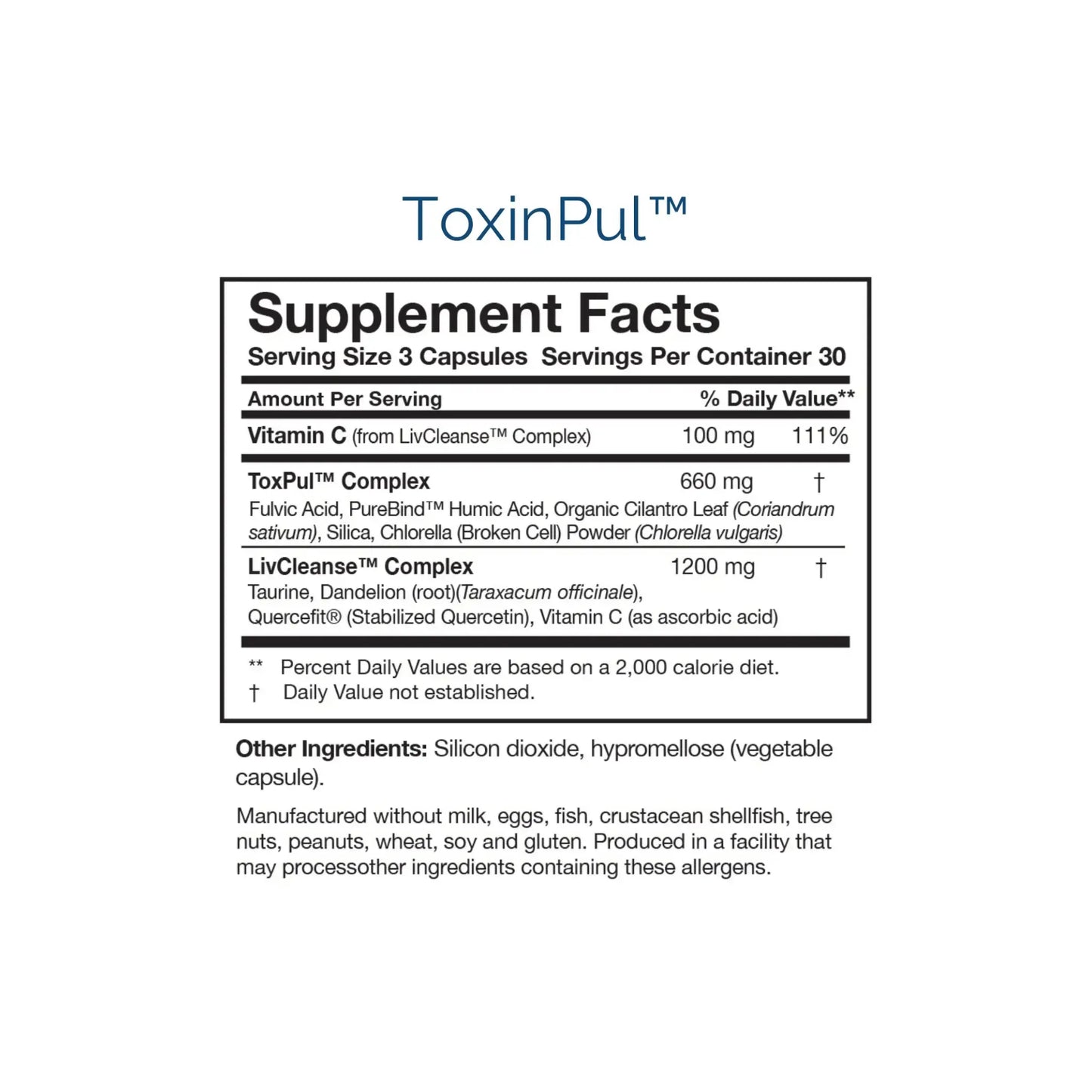 Close up of the nutrition panels for the Revitalizing Detox Duo detailing the multi function ToxinPul binder complex