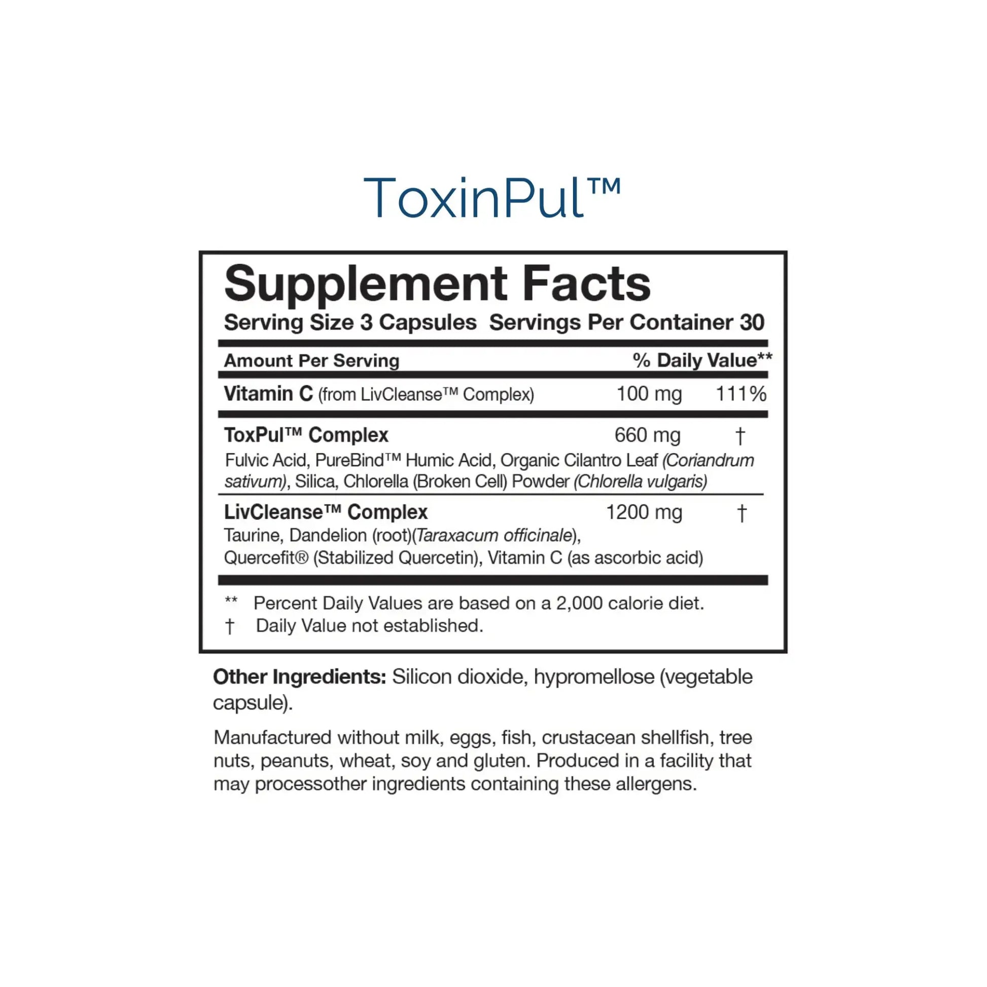 Close up of the nutrition panels for the Revitalizing Detox Duo detailing the multi function ToxinPul binder complex