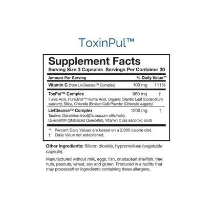Close up of the nutrition panels for the Revitalizing Detox Duo detailing the multi function ToxinPul binder complex