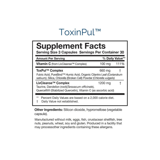 Close up of the nutrition panels for the Revitalizing Detox Duo detailing the multi function ToxinPul binder complex