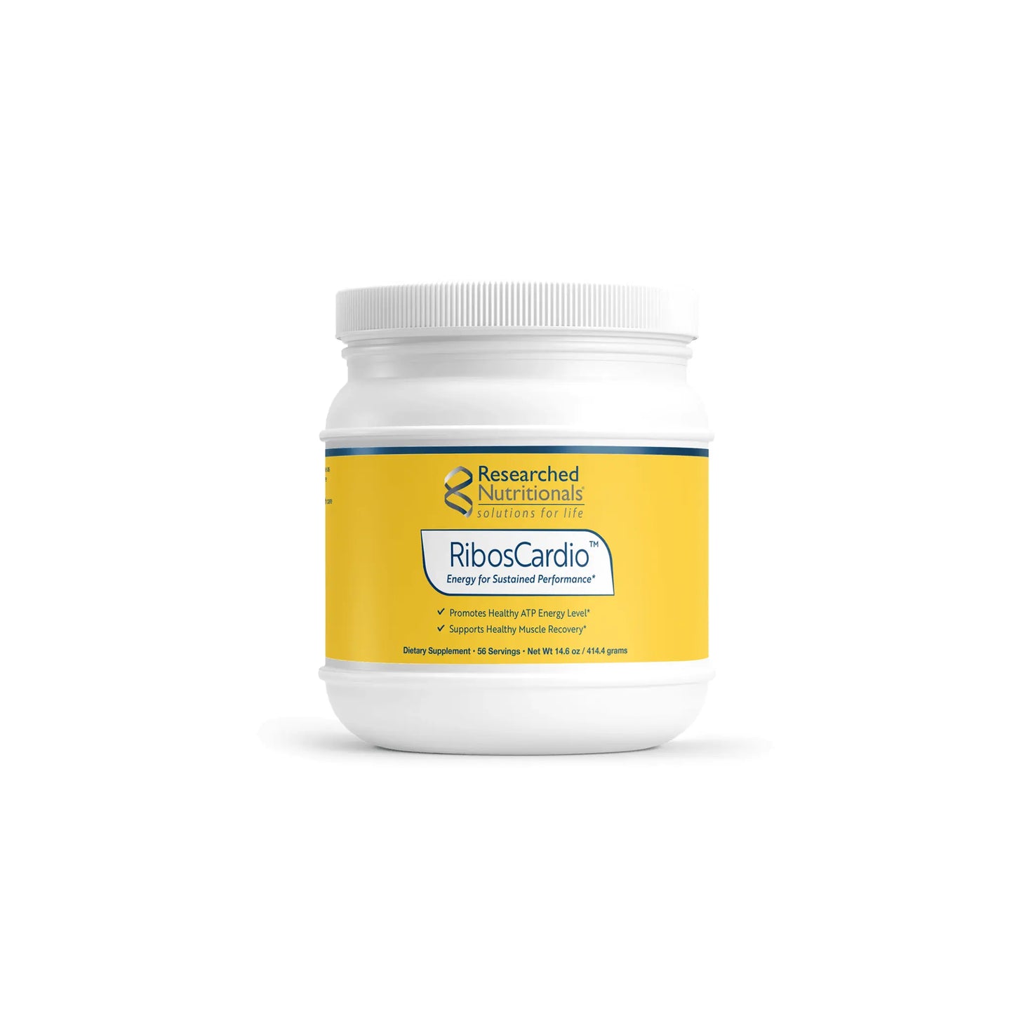 Front view of the Researched Nutritionals RibosCardio powder container highlighting the formula for optimal energy production and cardiovascular support