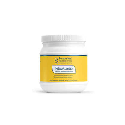 Front view of the Researched Nutritionals RibosCardio powder container highlighting the formula for optimal energy production and cardiovascular support