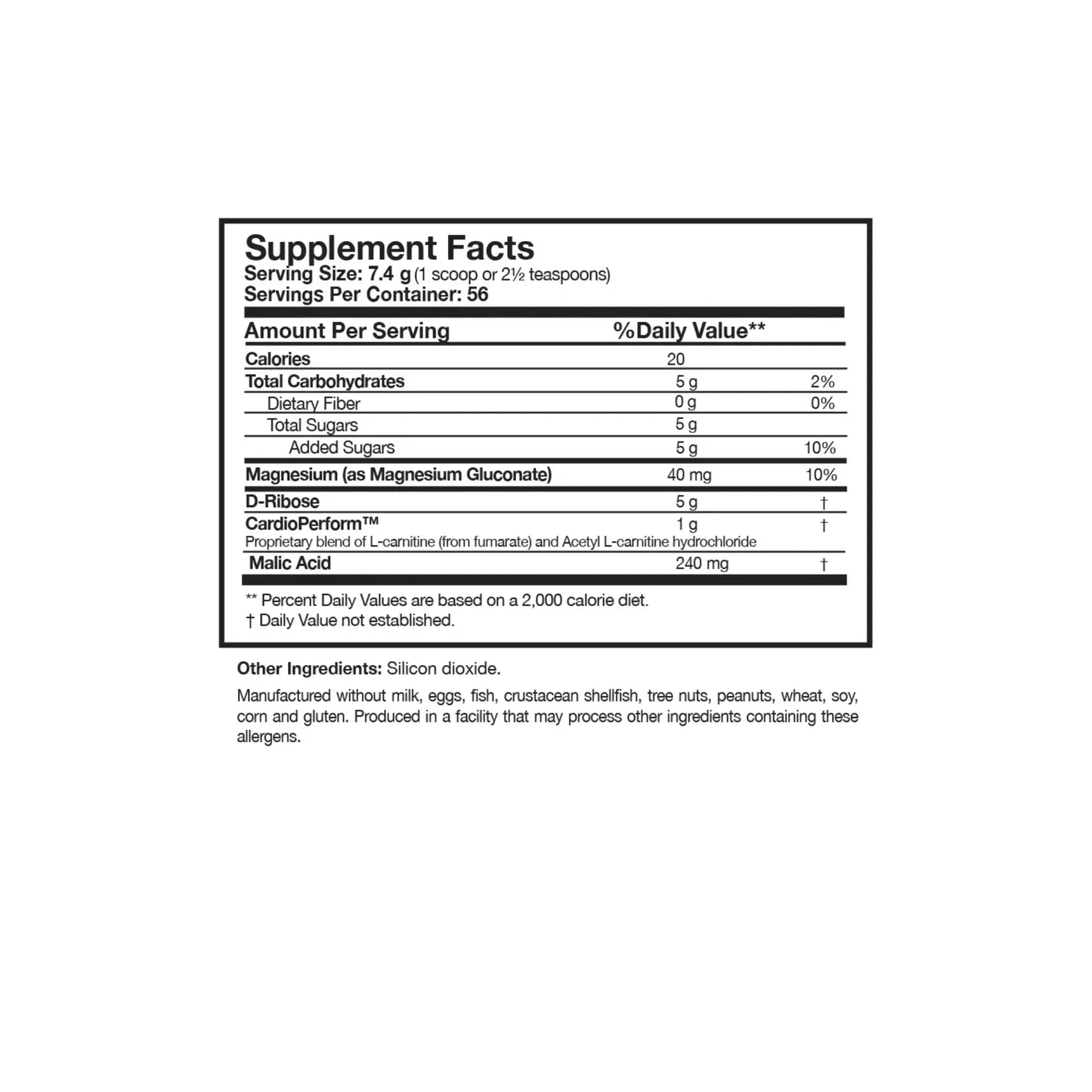 Close up of the RibosCardio label detailing the nutrition facts including five grams of D ribose magnesium gluconate malic acid and the CardioPerform carnitine matrix
