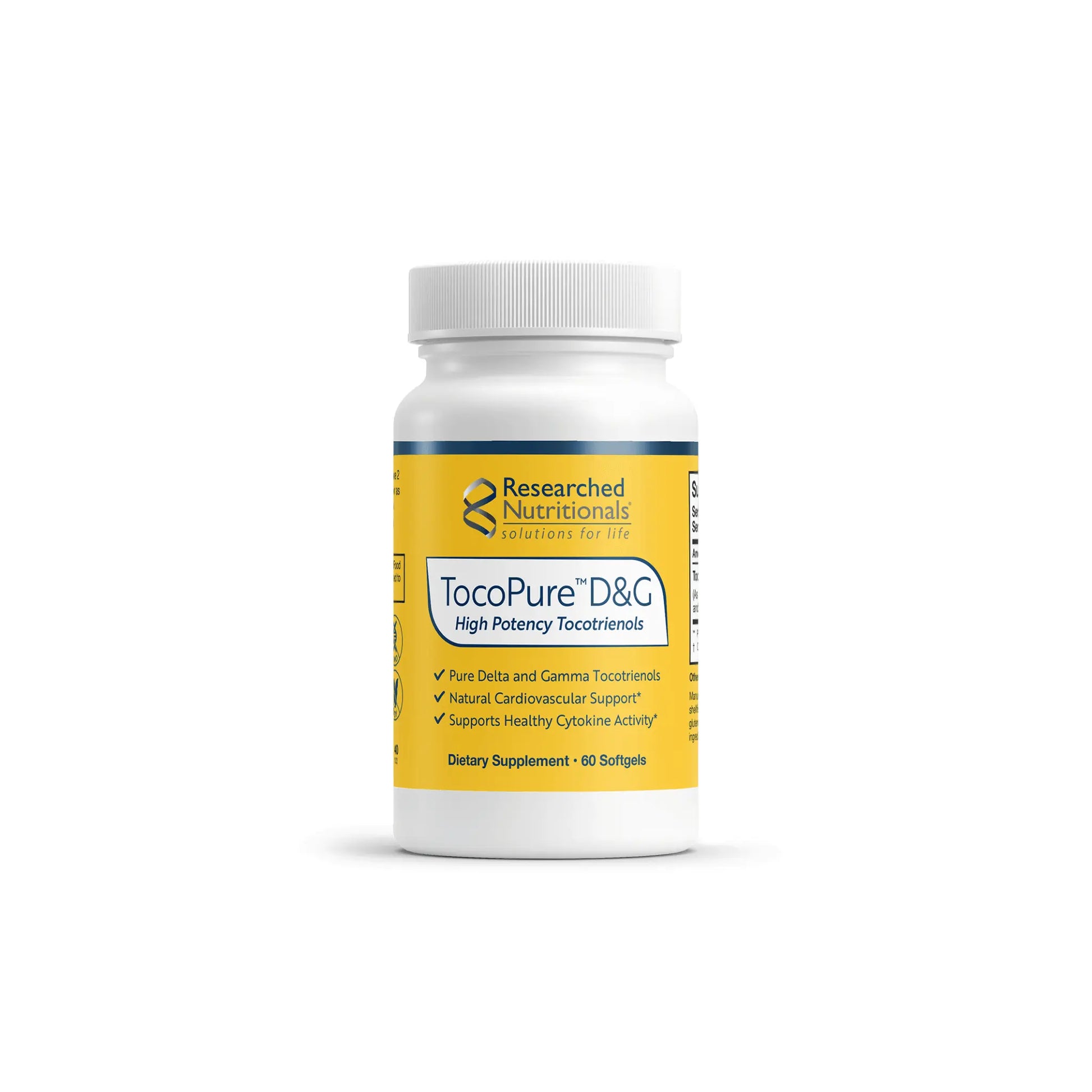 Front view of the Researched Nutritionals TocoPure D and G softgel bottle showcasing the pure tocopherol free tocotrienol antioxidant formula