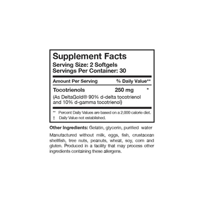 Close up of the TocoPure D and G label detailing the two hundred fifty milligrams of DeltaGold annatto derived tocotrienols per serving