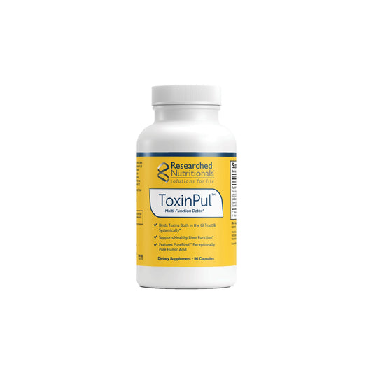 Front view of the Researched Nutritionals ToxinPul capsule bottle highlighting the multi function formula for heavy metal and glyphosate detoxification