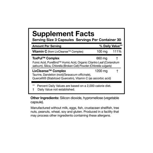 Close up of the ToxinPul label detailing the ToxPul binder complex and the LivCleanse liver and kidney support ingredients