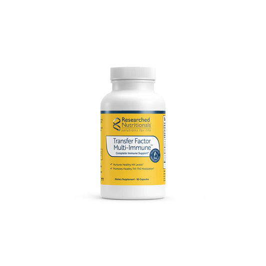 Front view of the Researched Nutritionals Transfer Factor Multi Immune 90 capsules bottle highlighting the comprehensive immune support formula