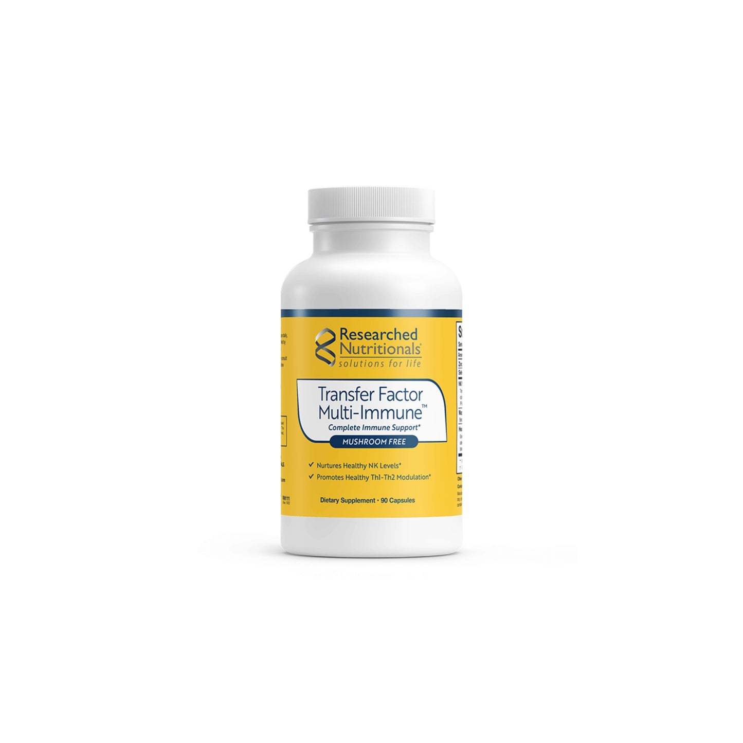 Front view of the Researched Nutritionals Transfer Factor Multi Immune Mushroom Free capsule bottle highlighting the advanced immune system support formula