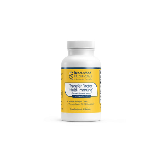 Front view of the Researched Nutritionals Transfer Factor Multi Immune Mushroom Free capsule bottle highlighting the advanced immune system support formula