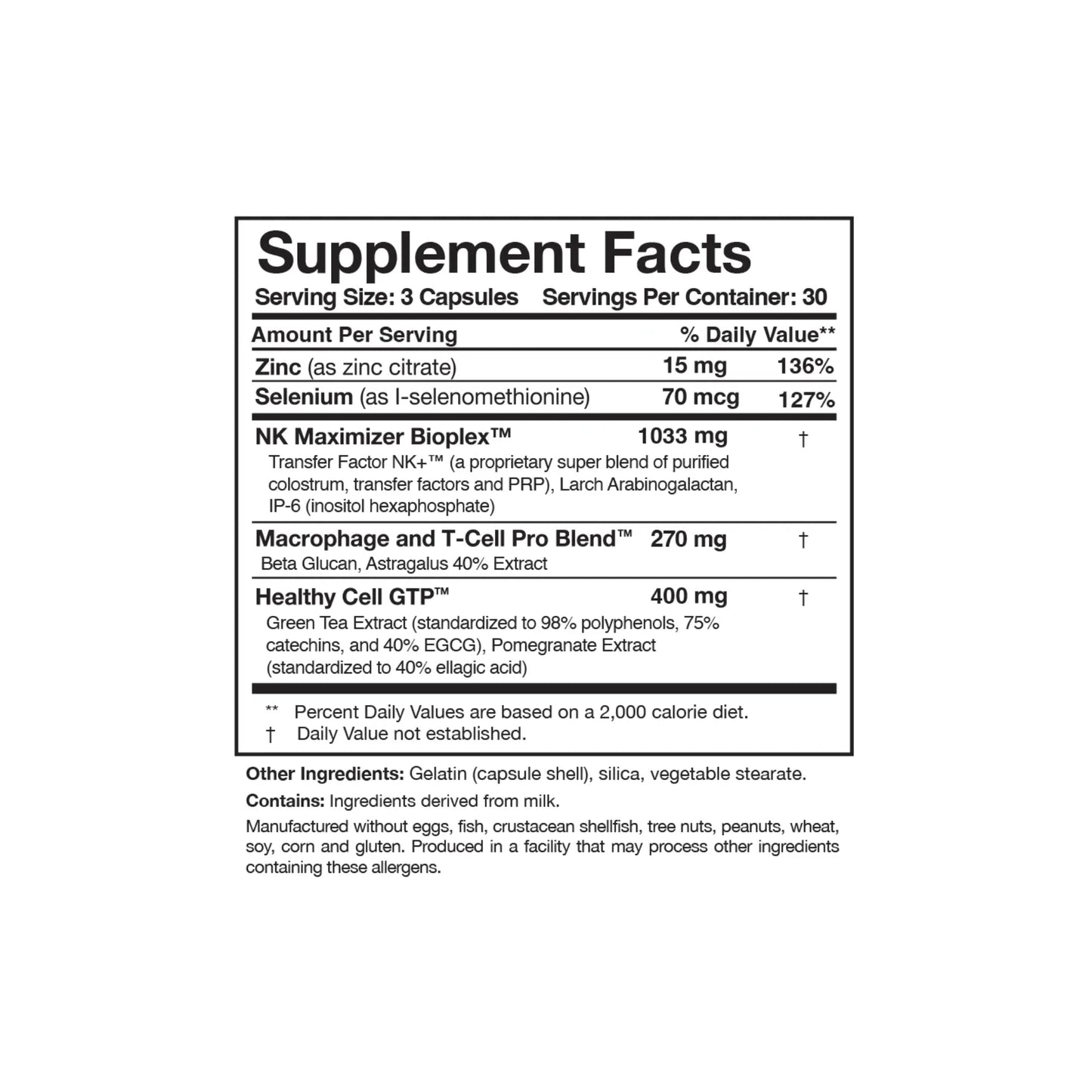 Close up of the Transfer Factor Multi Immune Mushroom Free label detailing the transfer factor blend zinc selenium and targeted botanicals