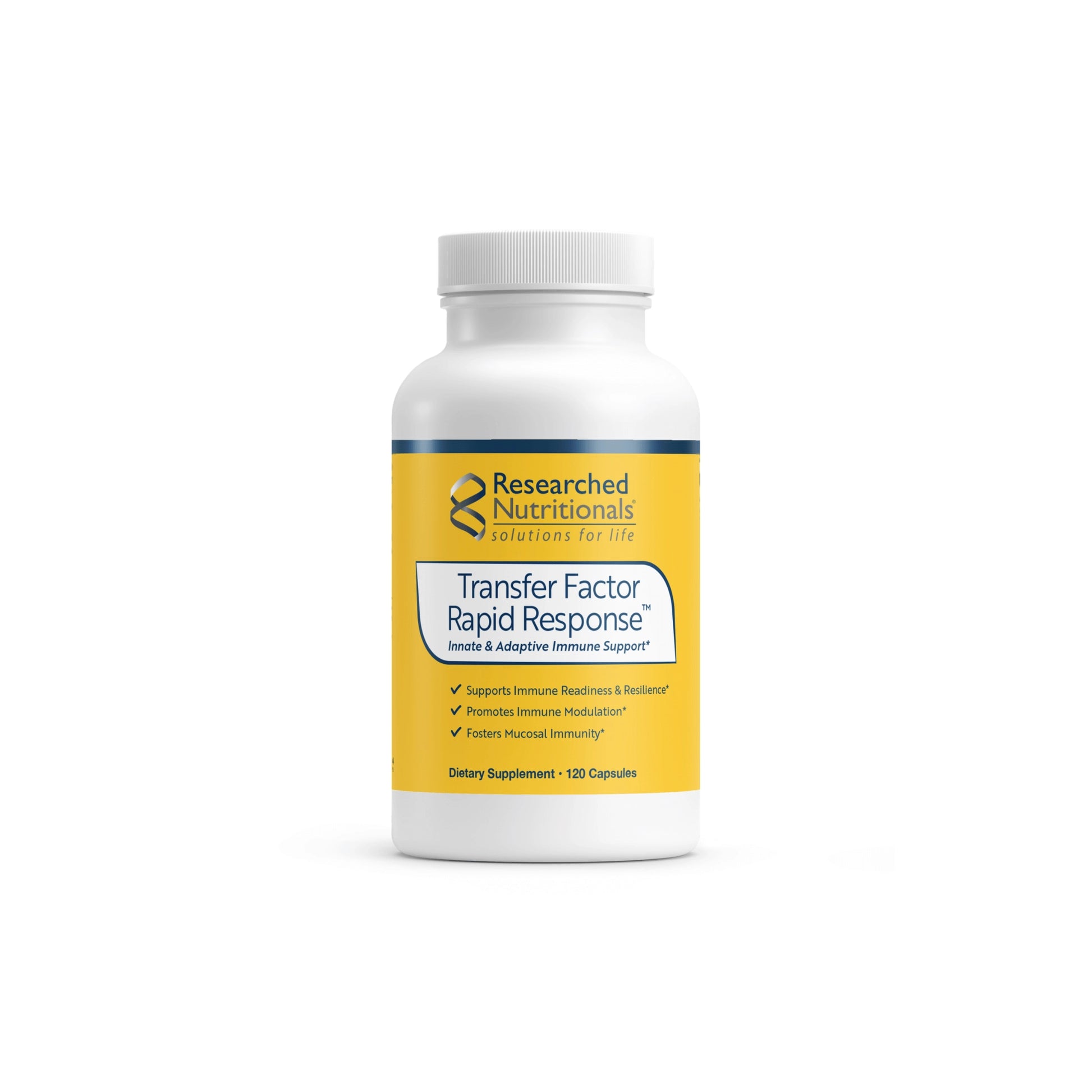 Front view of the Researched Nutritionals Transfer Factor Rapid Response bottle highlighting the acute immune system support formula