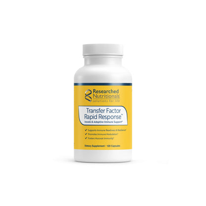 Front view of the Researched Nutritionals Transfer Factor Rapid Response bottle highlighting the acute immune system support formula