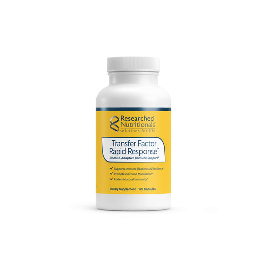 Front view of the Researched Nutritionals Transfer Factor Rapid Response bottle highlighting the acute immune system support formula