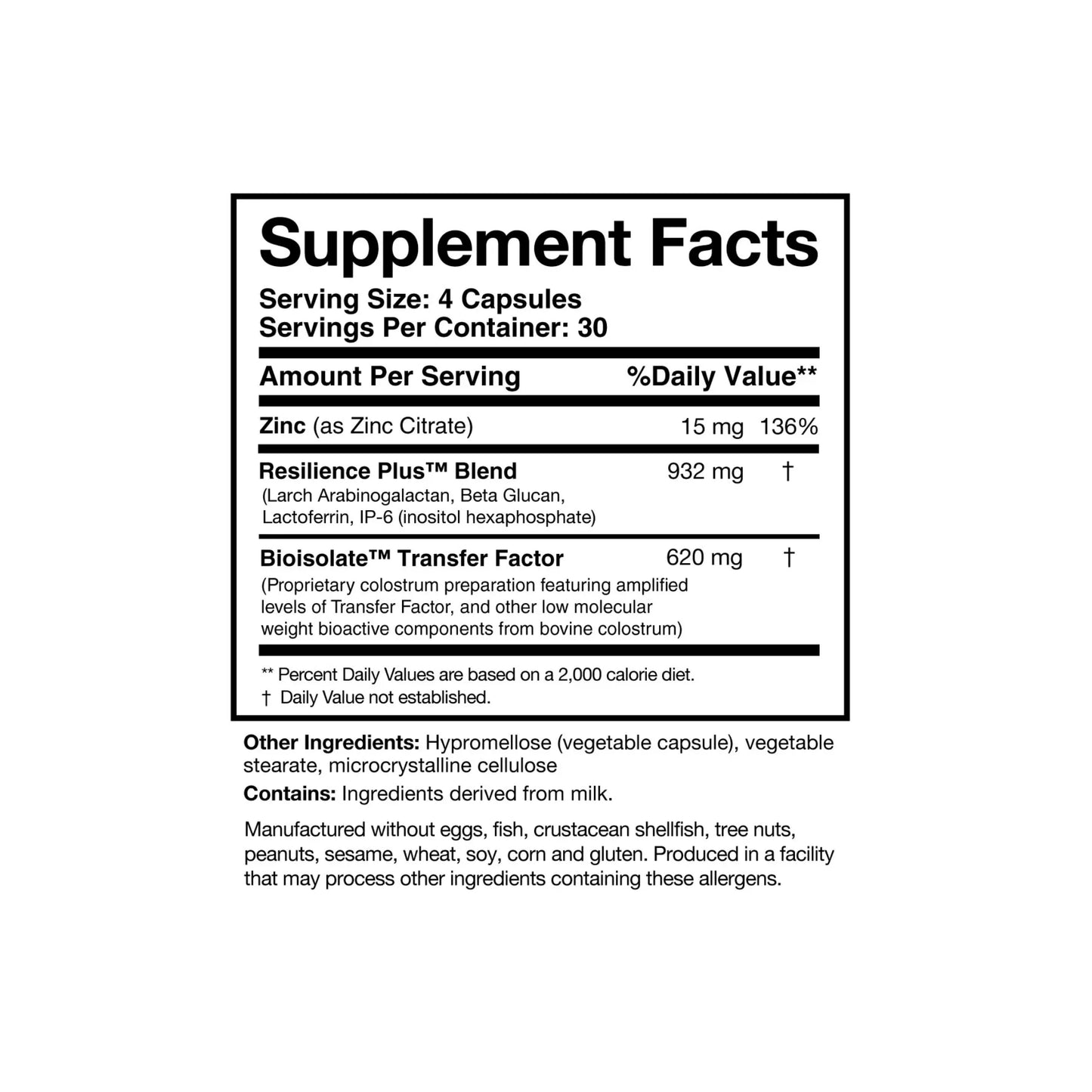 Close up of the Transfer Factor Rapid Response label detailing the specific milligrams of the transfer factor matrix zinc and immune modulating botanicals